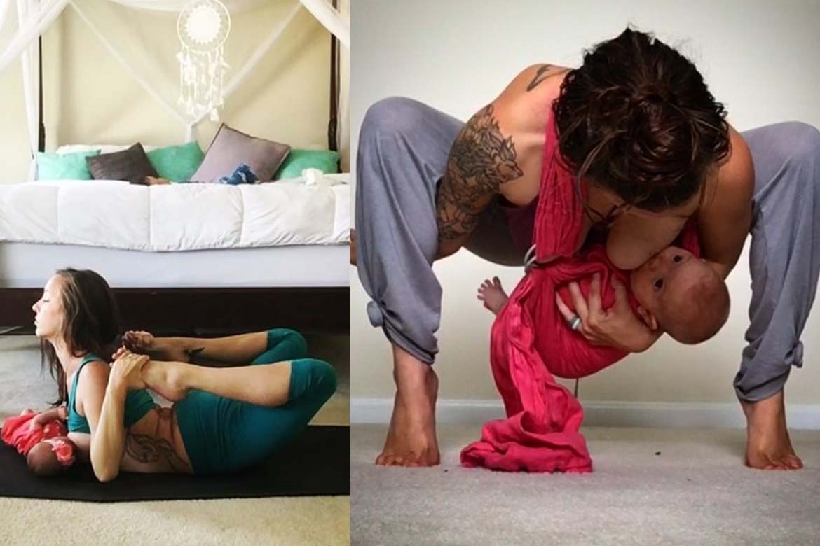 Yoga-loving mother-of-three is pictured breastfeeding her one-month-old  baby in pose